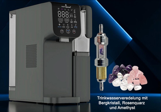 Trinkwasserveredelung mit Bergkristall, Rosenquarz und Amethyst in der Auftisch-Osmoseanlage Osmopure SMT 7000 Multione Wasserbar.