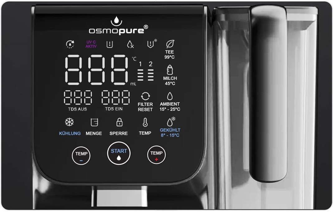 Bedienfeld der neuen Auftisch Osmoseanlage, Umkehrosmoseanlage SMT 7000 ohne Wasseranschluß
